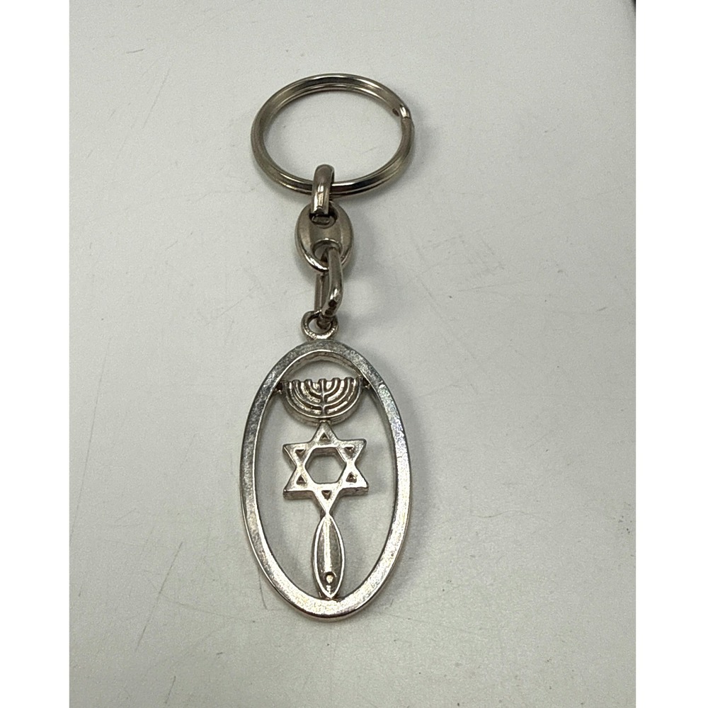 Messianic Jewish Keychain Silver Tone Menorah Star of David Fish Religious Charm